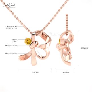 Brilliant Cut Knot Pendant In 14k Solid Gold Citrine 3mm Round Gemstone Solitaire Pendants