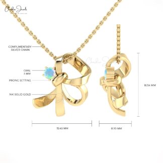 Real 14k Gold Solitaire Charm With 3mm Brilliant Cut Opal Curved Pendant For Her