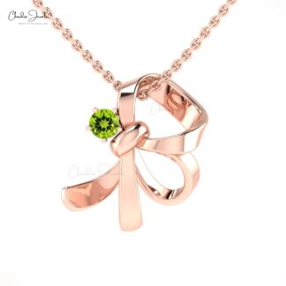 Natural Peridot Knot Pendant in 14k Real Gold Gemstone 3mm Round Cut Curved Fine Jewelry