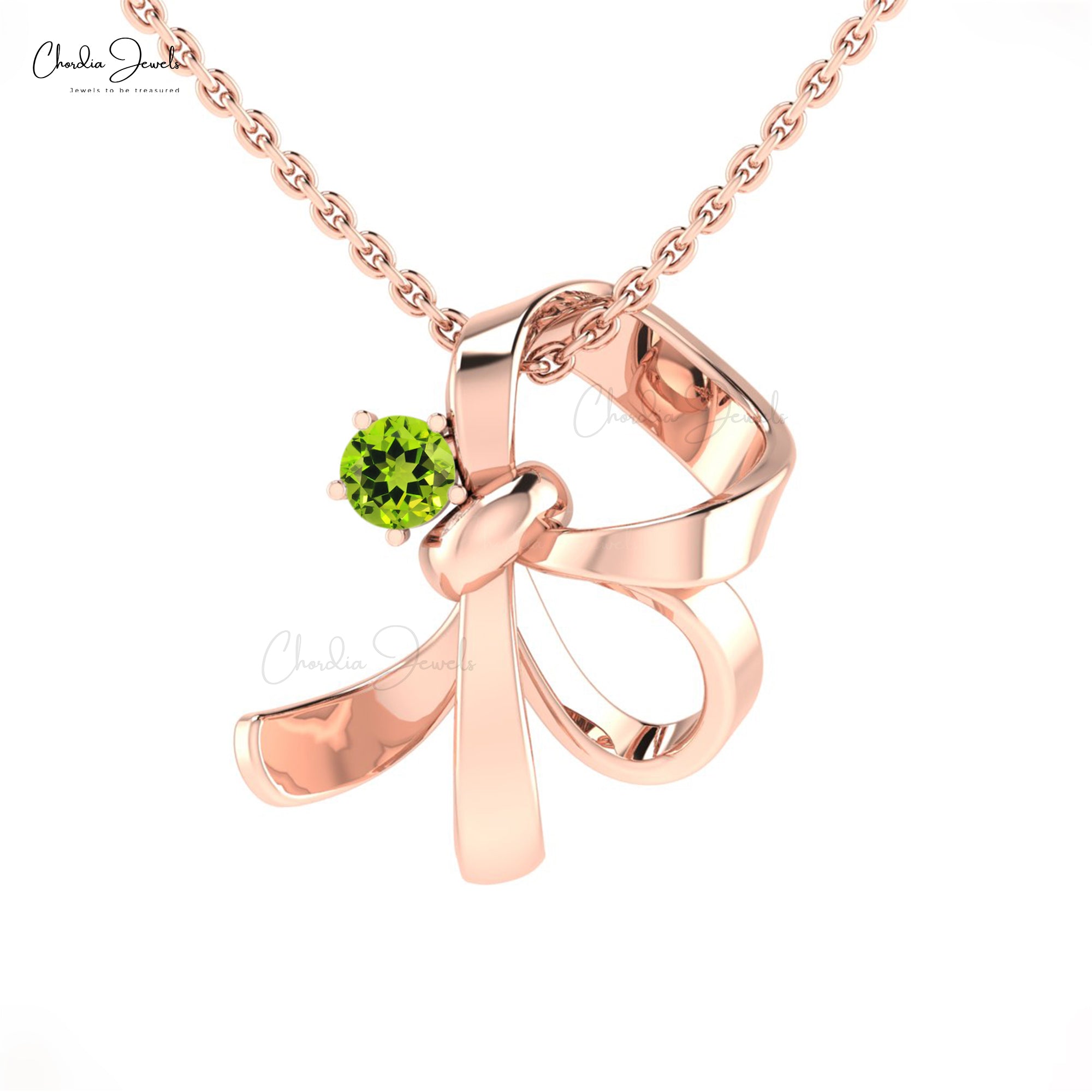 Natural Peridot Knot Pendant in 14k Real Gold Gemstone 3mm Round Cut Curved Fine Jewelry