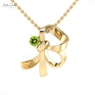Natural Peridot Knot Pendant in 14k Real Gold Gemstone 3mm Round Cut Curved Fine Jewelry