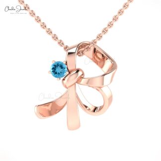Natural Swiss Blue Topaz Knot Pendant In Real 14k Gold Gemstone 3mm Round Fine Jewelry