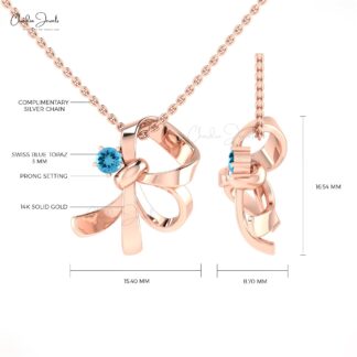 Natural Swiss Blue Topaz Knot Pendant In Real 14k Gold Gemstone 3mm Round Fine Jewelry
