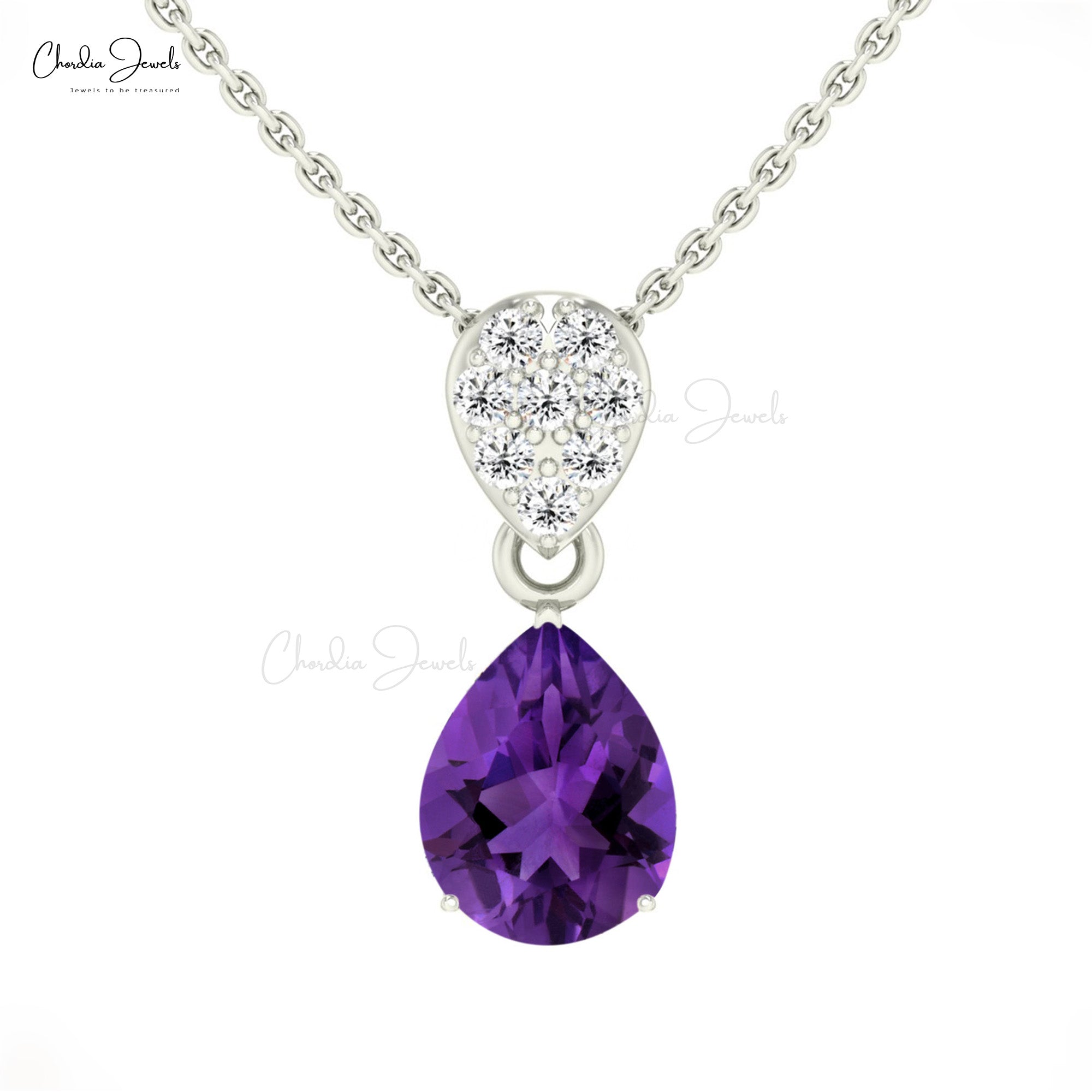 Tear Drop Pendant With 1.5 CT Amethyst And Pave Diamond Women Necklace In 14k Real Gold