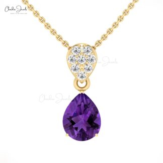 Tear Drop Pendant With 1.5 CT Amethyst And Pave Diamond Women Necklace In 14k Real Gold