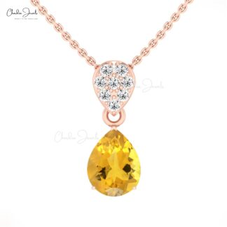 Solid 14k Gold Teardrop Pendant With Cluster Diamond And 9x7mm Citrine Women Necklace