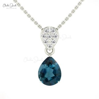 Real 14k Gold Teardrop Pendant With 1.5 CT London Blue Topaz Diamond Necklace