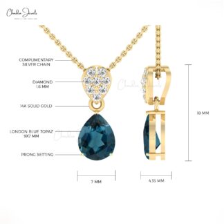 Real 14k Gold Teardrop Pendant With 1.5 CT London Blue Topaz Diamond Necklace