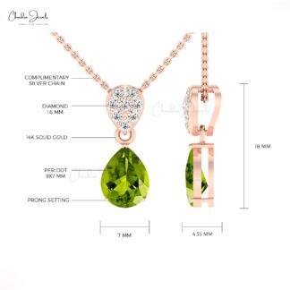 Dangling Wedding Pendant In 14k Solid Gold Peridot 1.5 Ct Gemstone And Diamond Necklace