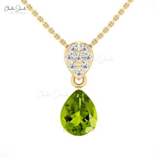 Dangling Wedding Pendant In 14k Solid Gold Peridot 1.5 Ct Gemstone And Diamond Necklace