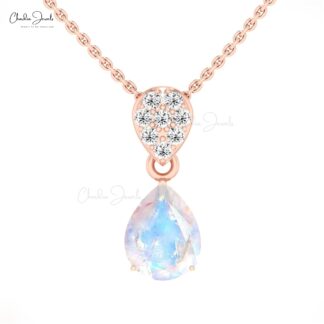 Dangle Teardrop Pendant In 14k Solid Gold Rainbow Moonstone & Cluster Diamond Necklace
