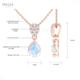 Dangle Teardrop Pendant In 14k Solid Gold Rainbow Moonstone & Cluster Diamond Necklace