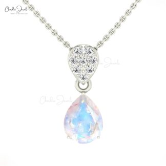 Dangle Teardrop Pendant In 14k Solid Gold Rainbow Moonstone & Cluster Diamond Necklace