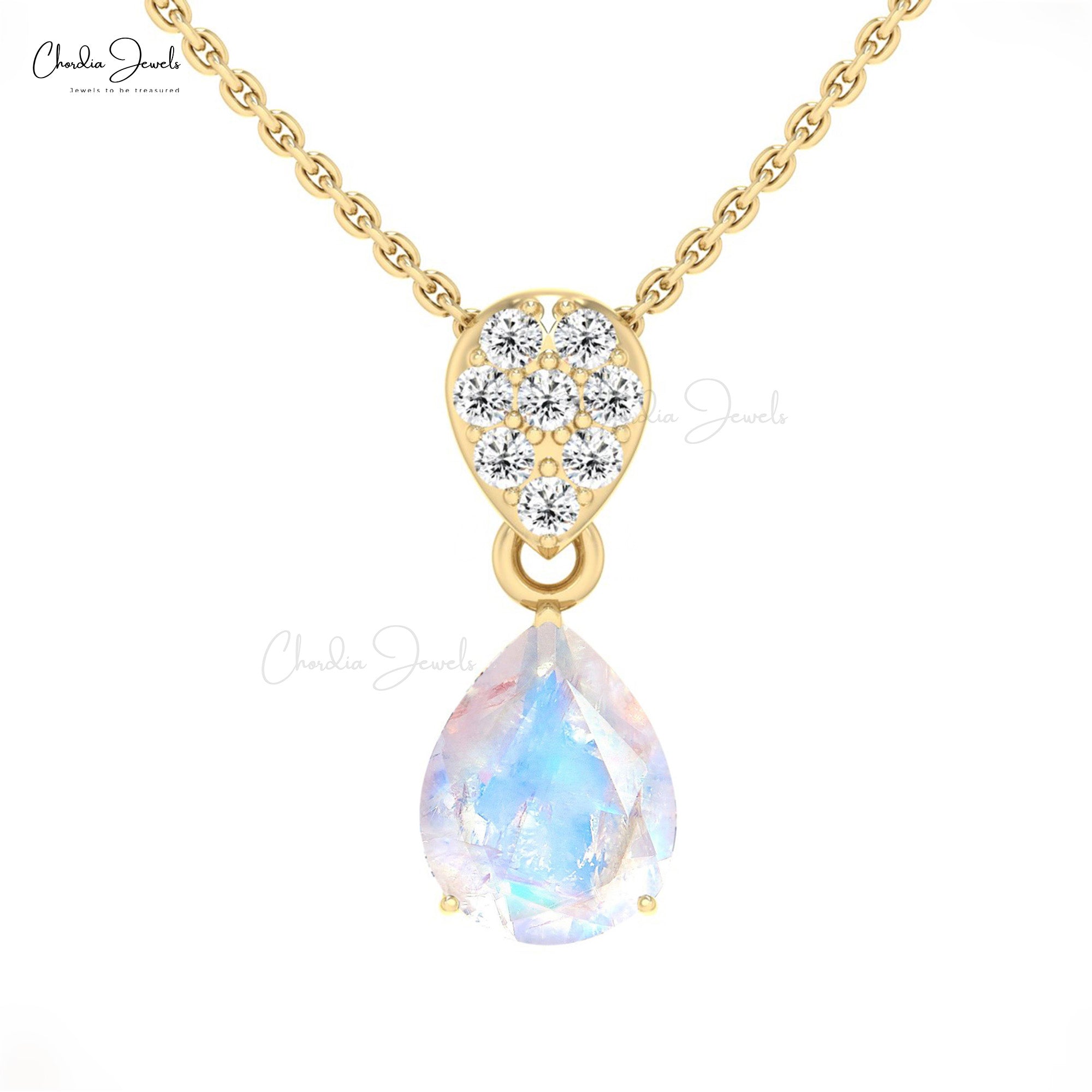Dangle Teardrop Pendant In 14k Solid Gold Rainbow Moonstone & Cluster Diamond Necklace