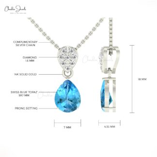 Pear Swiss Blue Topaz Dangle Pendant In 14k Real Gold Diamond Cluster Necklace For Her