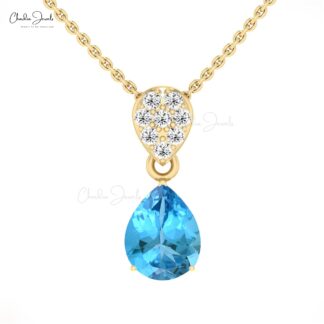 Pear Swiss Blue Topaz Dangle Pendant In 14k Real Gold Diamond Cluster Necklace For Her