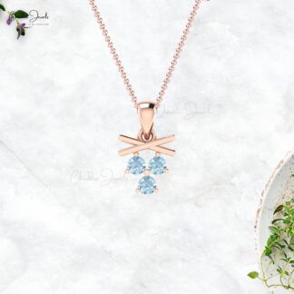 Triple Gemstone Pendant In 14k Solid Gold Aquamarine 2.5mm Round Dangle Women Necklace