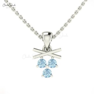 Triple Gemstone Pendant In 14k Solid Gold Aquamarine 2.5mm Round Dangle Women Necklace