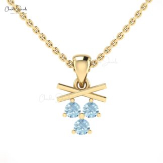 Triple Gemstone Pendant In 14k Solid Gold Aquamarine 2.5mm Round Dangle Women Necklace