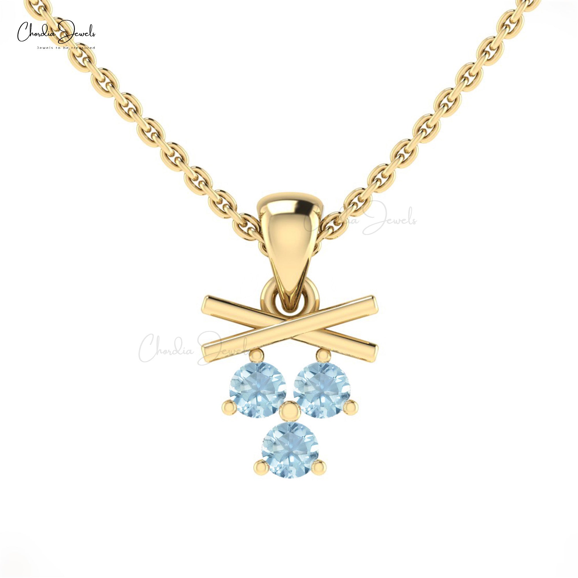 Triple Gemstone Pendant In 14k Solid Gold Aquamarine 2.5mm Round Dangle Women Necklace