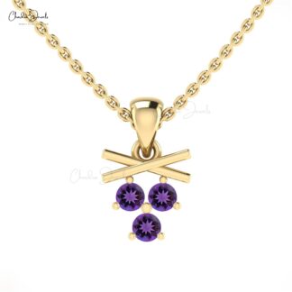Real 14k Gold Trio Gemstone Pendant With 2.5mm Brilliant Cut Amethyst Pendant