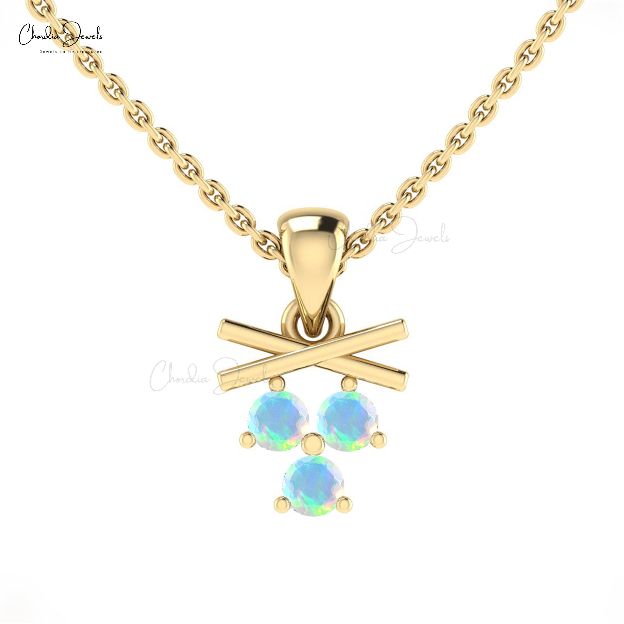 Three Stone Dangle Pendant In 14k Real Gold Fire Opal Gemstone Pendant For Her