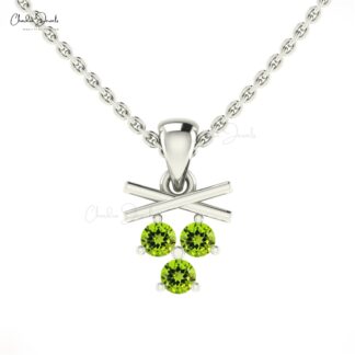 Trio Gemstone Pendant In 14k Solid Gold Peridot 2.5mm Round Cut Dangle Pendant For Mom