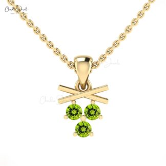 Trio Gemstone Pendant In 14k Solid Gold Peridot 2.5mm Round Cut Dangle Pendant For Mom