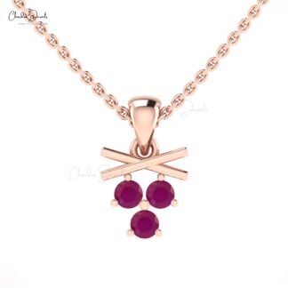 Three Stone Cluster Pendant In 14k Solid Gold With 2.50mm Brilliant Cut Ruby Necklace For Love