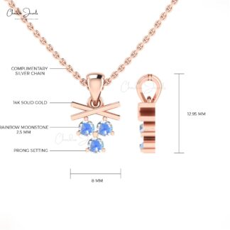 Cluster Dangle Charm In 14k Real Gold With 0.24 Ct Rainbow Moonstone Pendant