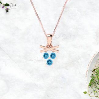 Cluster Round Cut Pendant With 0.24 Ct Swiss Blue Topaz Minimal Necklace In 14k Real Gold