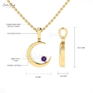 Single Stone Crescent Charm In 14k Real Gold With 2mm Round Amethyst Moon Pendant