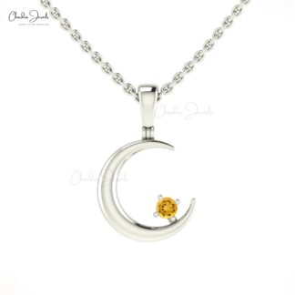 Natural Yellow Citrine 2mm Gemstone Moon Pendant in 14k Real Gold Crescent Jewelry