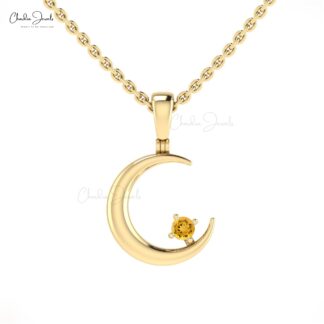 Natural Yellow Citrine 2mm Gemstone Moon Pendant in 14k Real Gold Crescent Jewelry