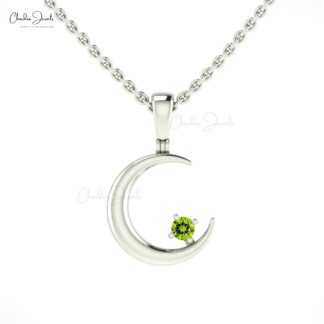 Round Peridot Half Moon Pendant With 2mm Gemstone Prong Set In 14k Real Gold Necklace