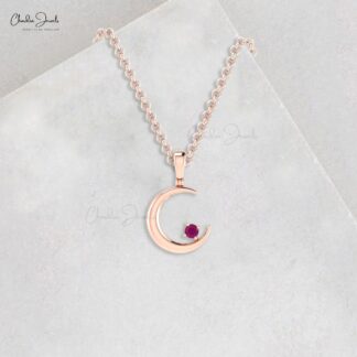 Half Moon Celestial Pendant With 2mm Burma Ruby Necklace In 14k Solid Gold Fine Jewelry