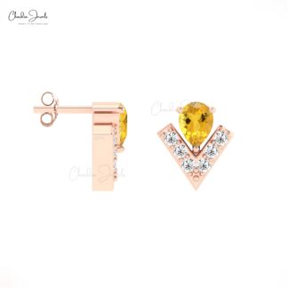 Solid 14k Gold Chevron Studs With 4x3mm Citrine And Pave Diamond Teardrop Tiny Earrings