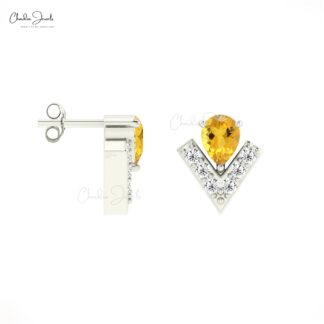 Solid 14k Gold Chevron Studs With 4x3mm Citrine And Pave Diamond Teardrop Tiny Earrings
