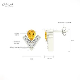 Solid 14k Gold Chevron Studs With 4x3mm Citrine And Pave Diamond Teardrop Tiny Earrings