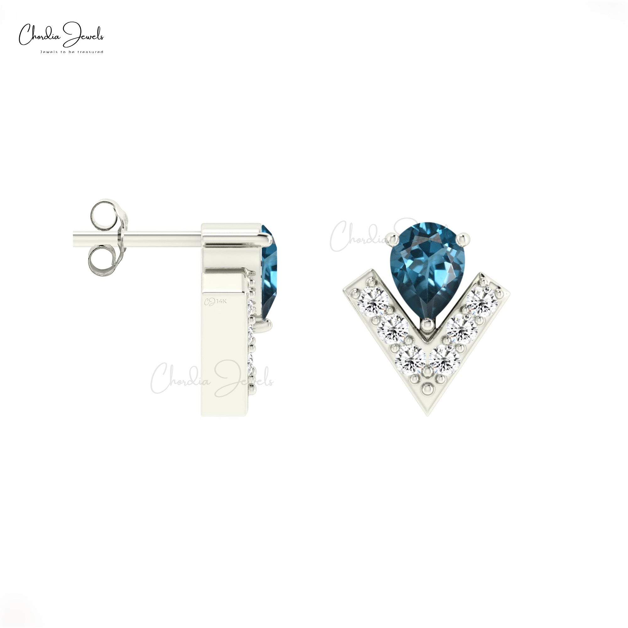 Chevron Teardrop Earrings In 14k Solid Gold London Blue Topaz And Diamond Handmade Studs