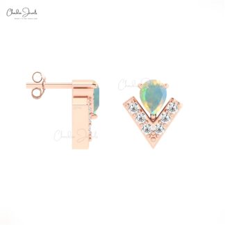 Dual Birthstone Dainty Earrings In Pure 14k Gold Opal And Diamond V Shape Studs For Mom