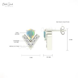 Dual Birthstone Dainty Earrings In Pure 14k Gold Opal And Diamond V Shape Studs For Mom