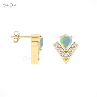 Dual Birthstone Dainty Earrings In Pure 14k Gold Opal And Diamond V Shape Studs For Mom