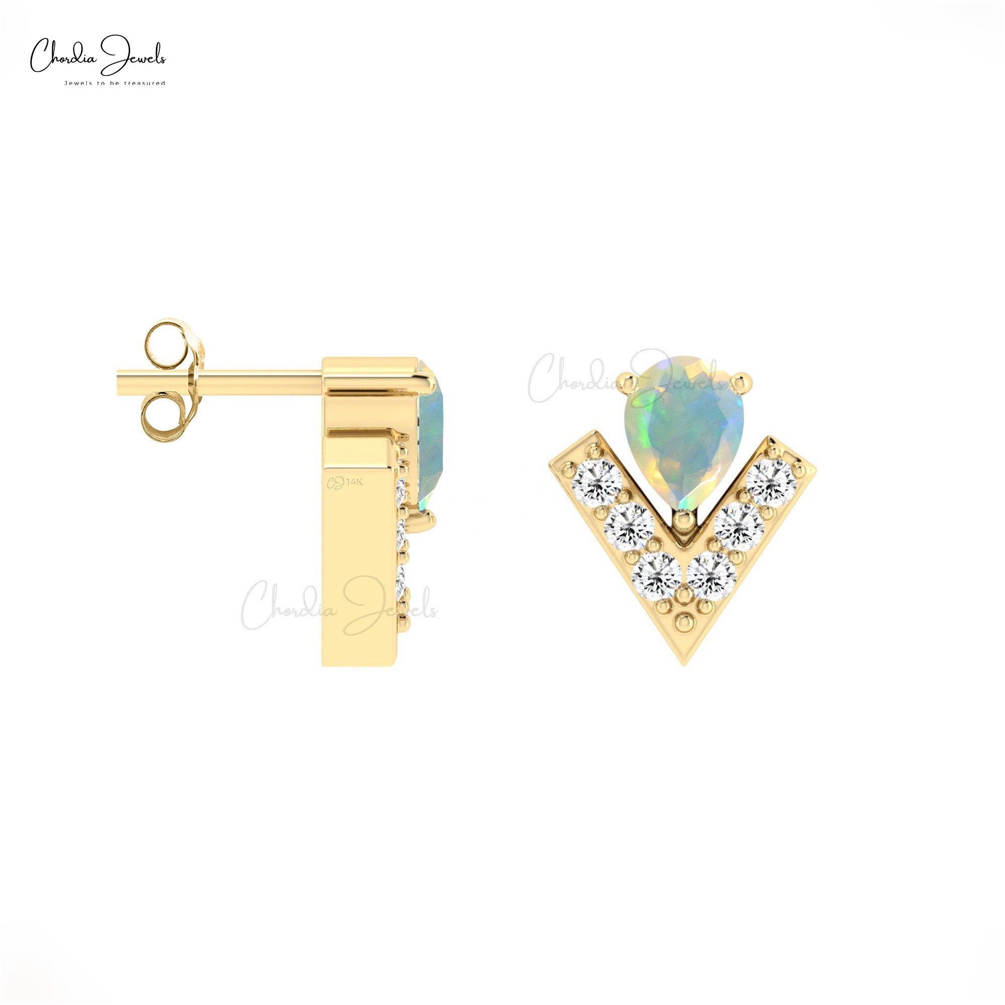 Dual Birthstone Dainty Earrings In Pure 14k Gold Opal And Diamond V Shape Studs For Mom