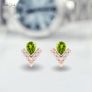 Pear Cut Chevron Studs In 14k Pure Gold Peridot And G-H Diamond Push Back Minimal Earrings