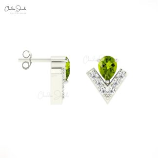 Pear Cut Chevron Studs In 14k Pure Gold Peridot And G-H Diamond Push Back Minimal Earrings
