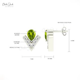 Pear Cut Chevron Studs In 14k Pure Gold Peridot And G-H Diamond Push Back Minimal Earrings