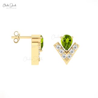 Pear Cut Chevron Studs In 14k Pure Gold Peridot And G-H Diamond Push Back Minimal Earrings