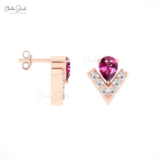 Real Rhodolite Garnet 4x3mm Pear Gemstone And Small Diamond Dainty Studs In 14k Solid Gold