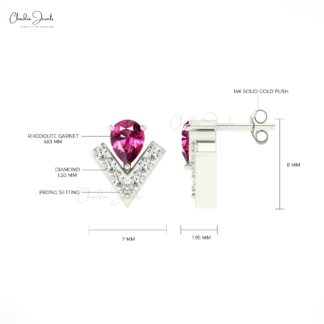 Real Rhodolite Garnet 4x3mm Pear Gemstone And Small Diamond Dainty Studs In 14k Solid Gold